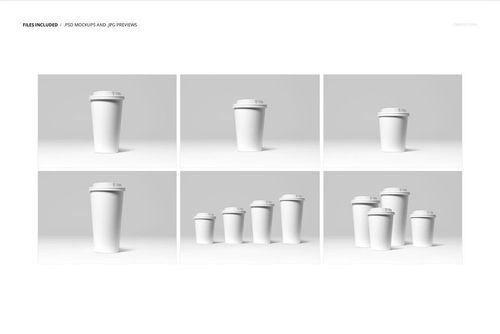 Paper cups mockup set featuring several cups with lids, photographed from front and angled perspectives on white.