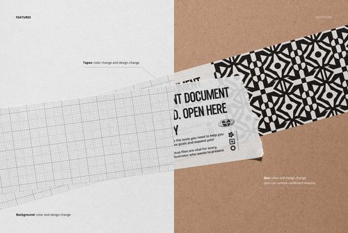 Top view of paper tape pieces with different patterns and colors on white and brown backgrounds, shown in a mockup scene.