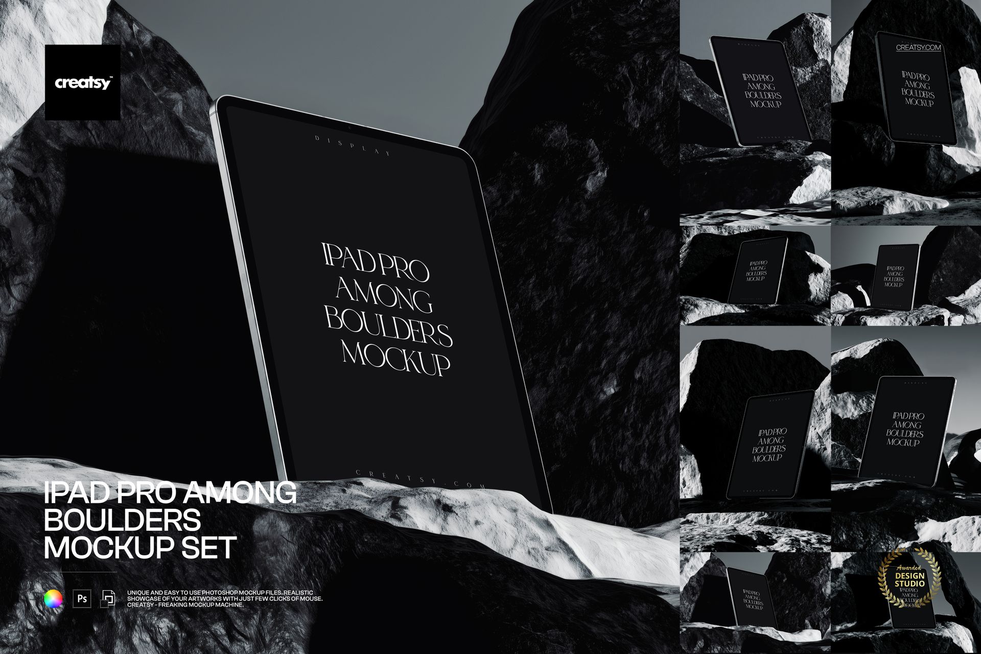 Multiple PSD mockups of an iPad Pro shown in various angles, surrounded by textured boulders in a rocky scene.