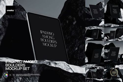 Multiple PSD mockups of an iPad Pro shown in various angles, surrounded by textured boulders in a rocky scene.