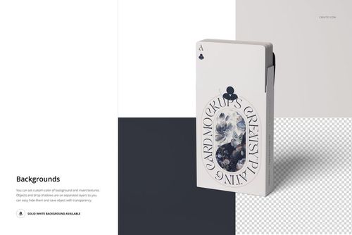 PSD mockup displaying a single playing cards box with decorative artwork, shown against white and gray backgrounds.