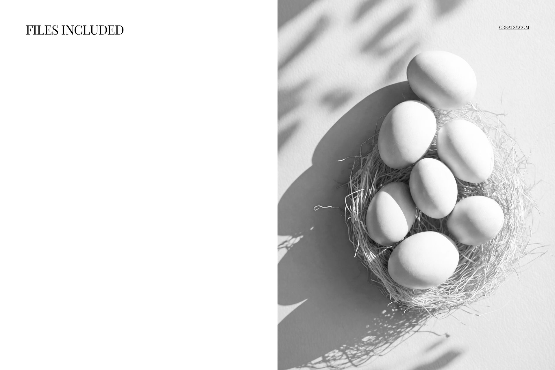 Easter eggs placed in a straw nest mockup, viewed from above with gentle shadows and a minimal, light background.