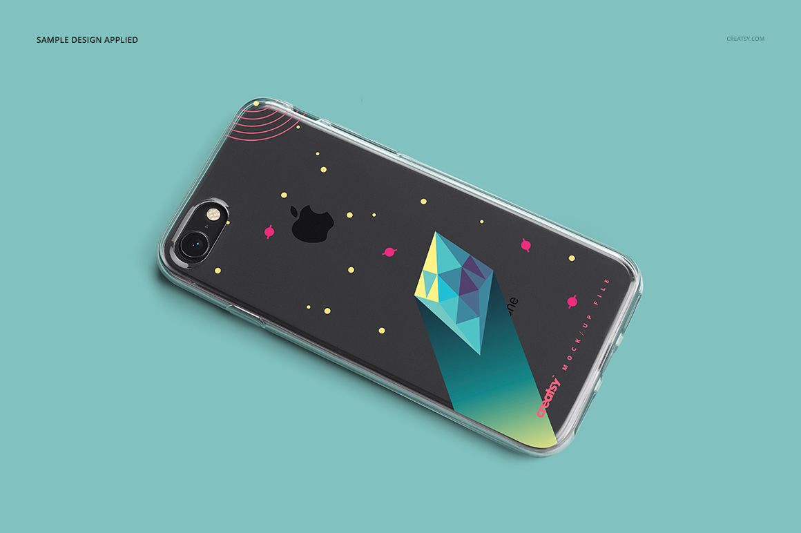 iPhone 8 clear case mockup featuring a vibrant geometric pattern, shown from an angled perspective on blue surface.