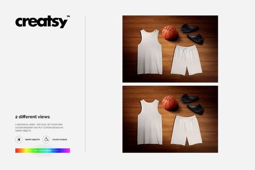 Basketball training uniform mockup set showing white tank top and shorts with black shoes and an orange ball on a wooden surface.