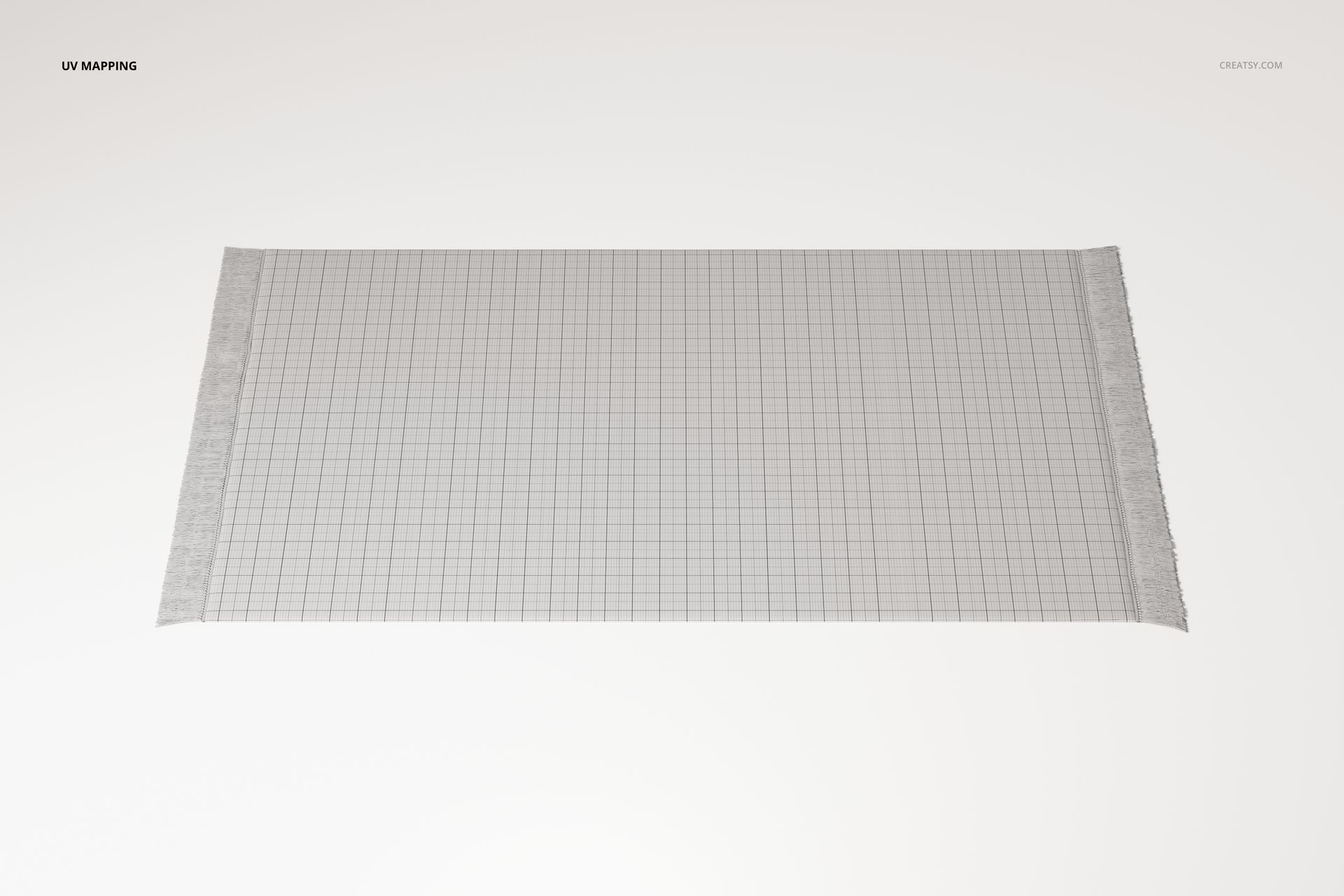 Small rectangular fringed rug with a subtle grid pattern, shown from a top view against a plain light background.