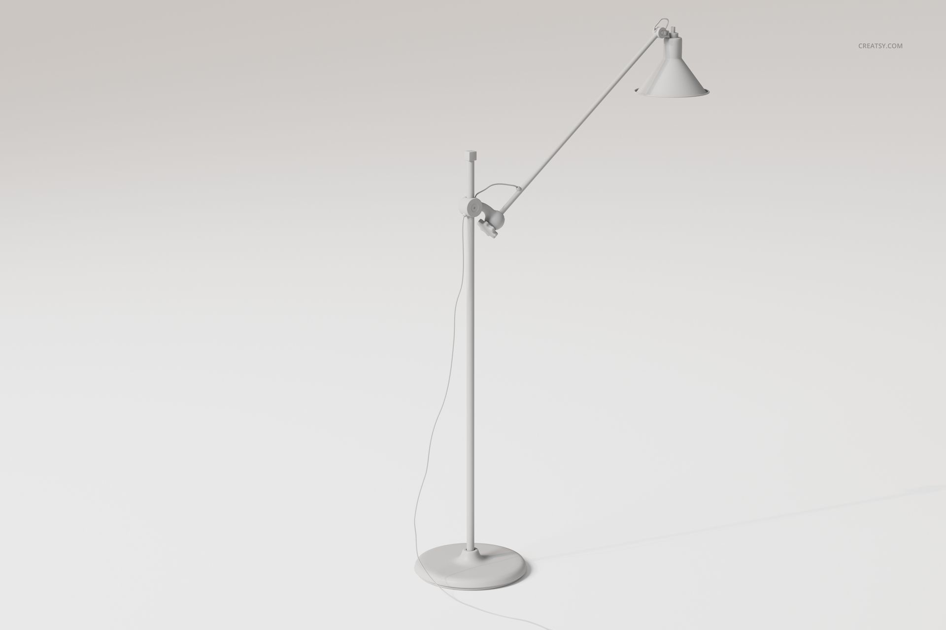 Adjustable industrial floor lamp with a long arm and conical shade, shown in a minimal white studio setting, side view.