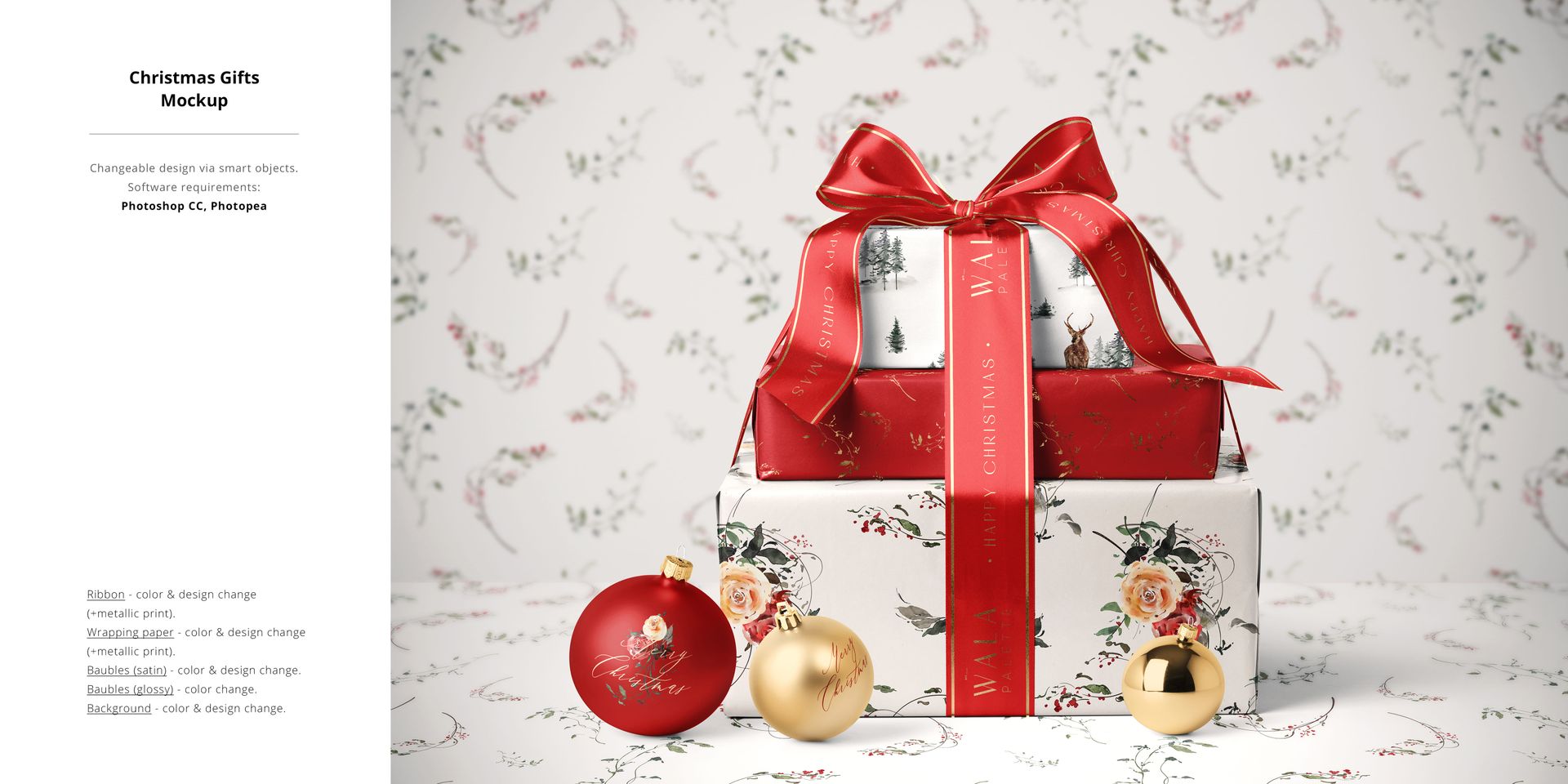 Christmas decor mockup featuring gift boxes with red ribbon, gold and red baubles, and a subtle winter-themed background.