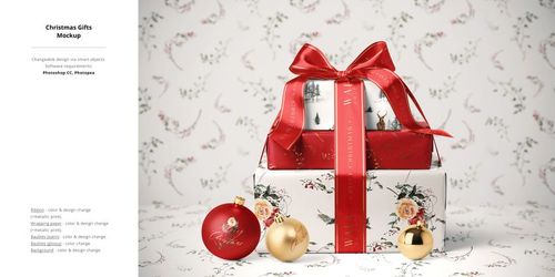 Christmas decor mockup featuring gift boxes with red ribbon, gold and red baubles, and a subtle winter-themed background.