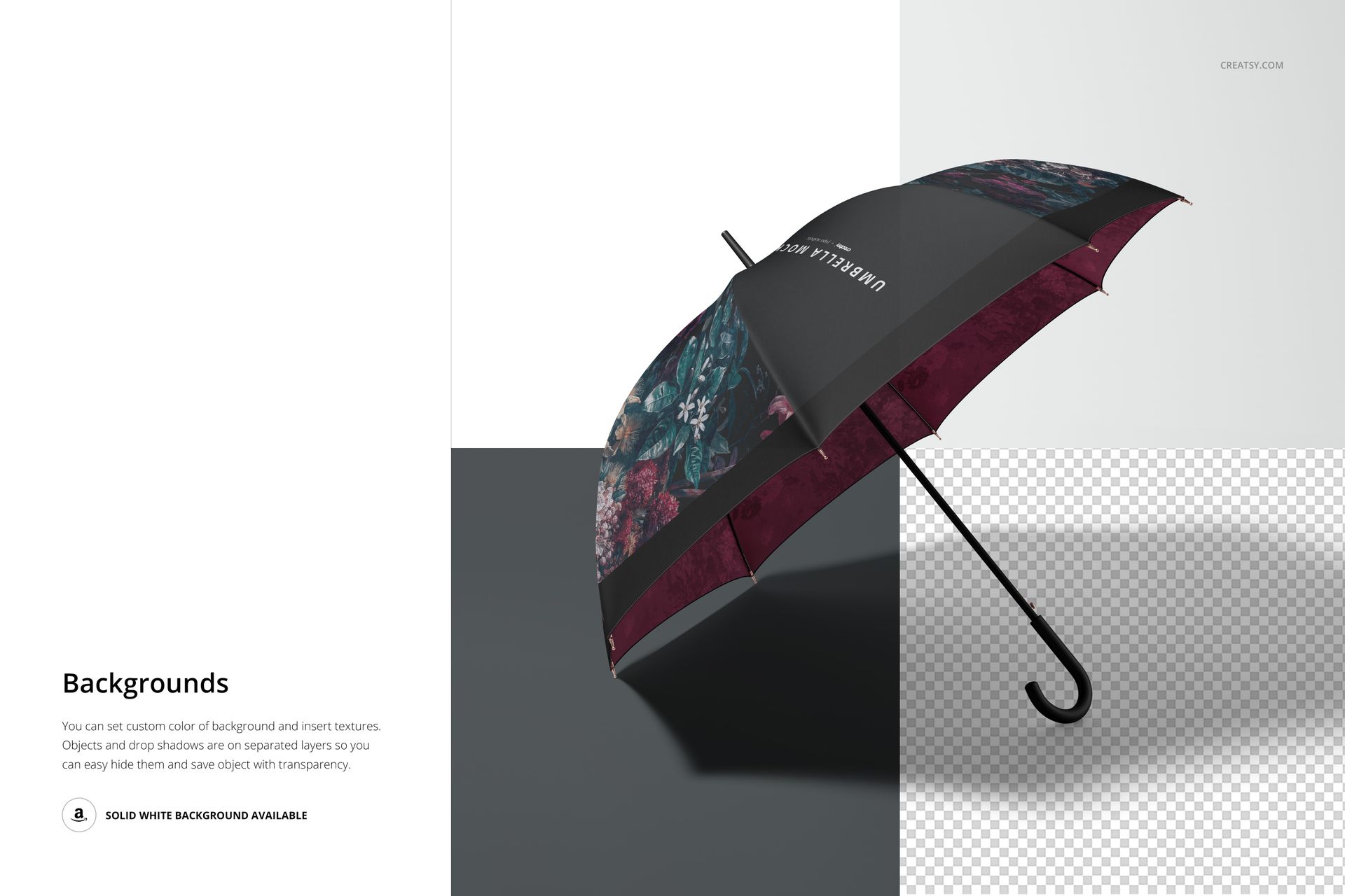 Umbrella mockup shown in a three-quarter view, with black and burgundy panels decorated with floral designs.