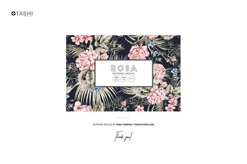 Front view of draped jersey fabric mockup with tropical floral pattern in pink and beige, surrounded by thread spools.