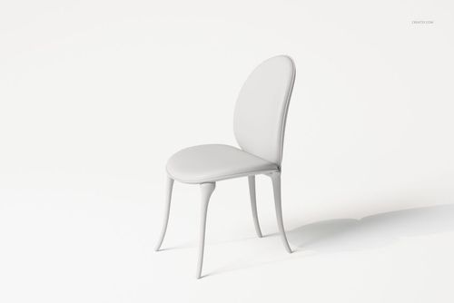 Elegant chair with rounded backrest and seat, shown in a minimalist white setting with soft lighting, angled view.