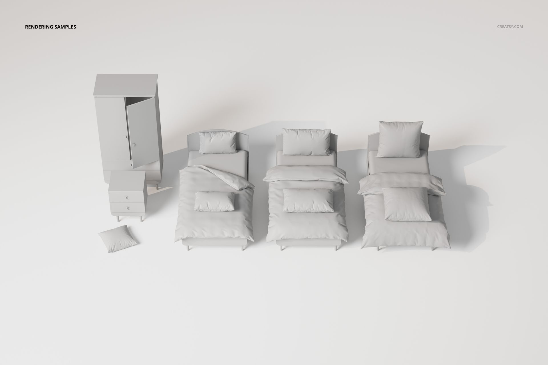Front view of a kids bedroom furniture and bedding set, featuring three beds with pillows, a wardrobe, and a nightstand on a white background.