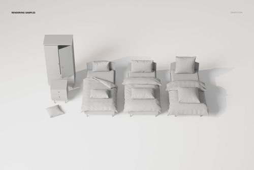 Front view of a kids bedroom furniture and bedding set, featuring three beds with pillows, a wardrobe, and a nightstand on a white background.