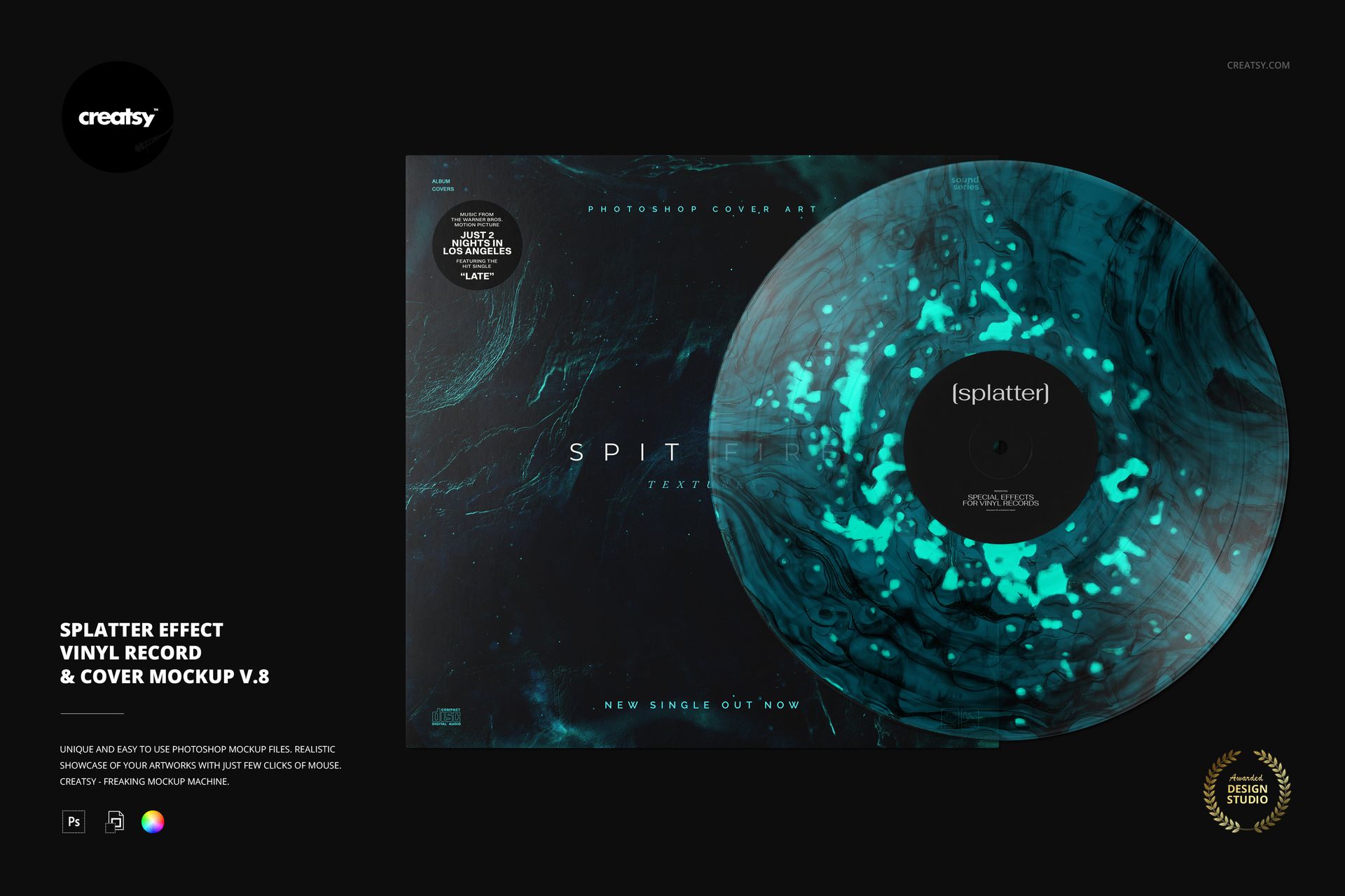 PSD mockup showing a splatter effect vinyl record and cover, both with teal and black marbled patterns in a dark setting.