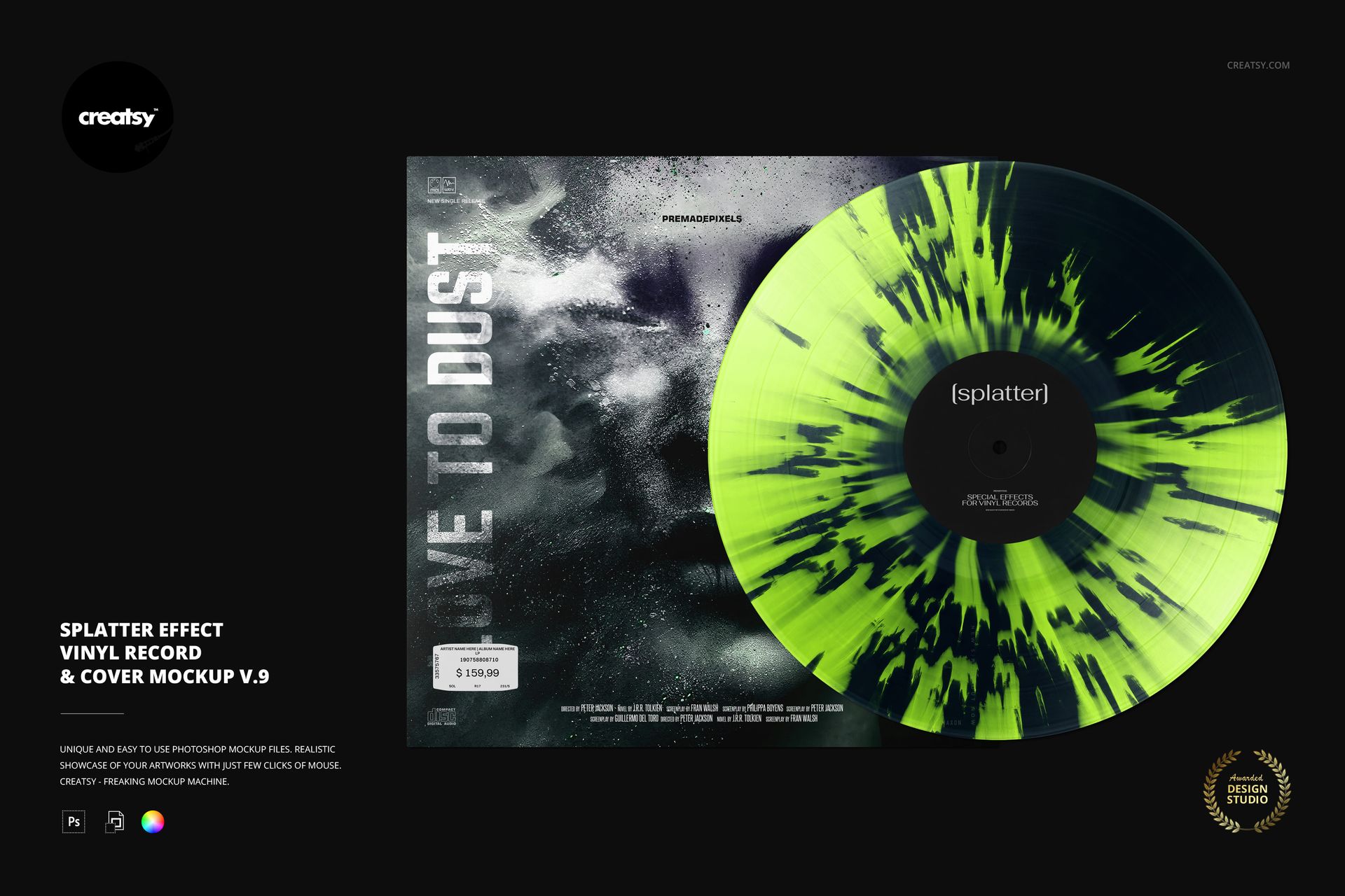 PSD mockup of a vinyl record and cover with a bold green and black splatter design, set against a black backdrop.