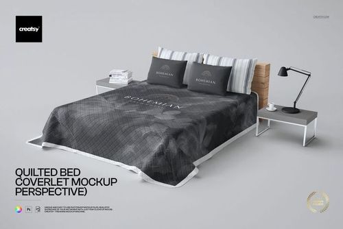 Perspective view of a quilted bed coverlet mockup with dark tones on a wooden bed frame and two side tables.