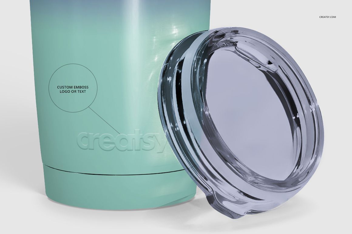 Close-up front view of a powder coated tumbler with a gradient mint color and clear plastic lid on a white background.
