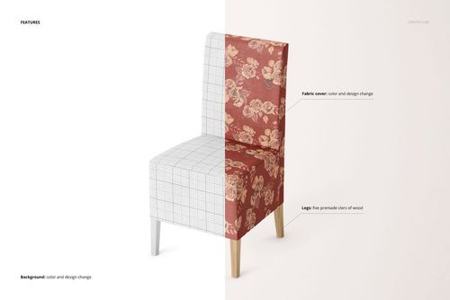 Front view of a Henriksdal chair mockup with half covered in a red floral fabric and half in a grid pattern, wooden legs visible.