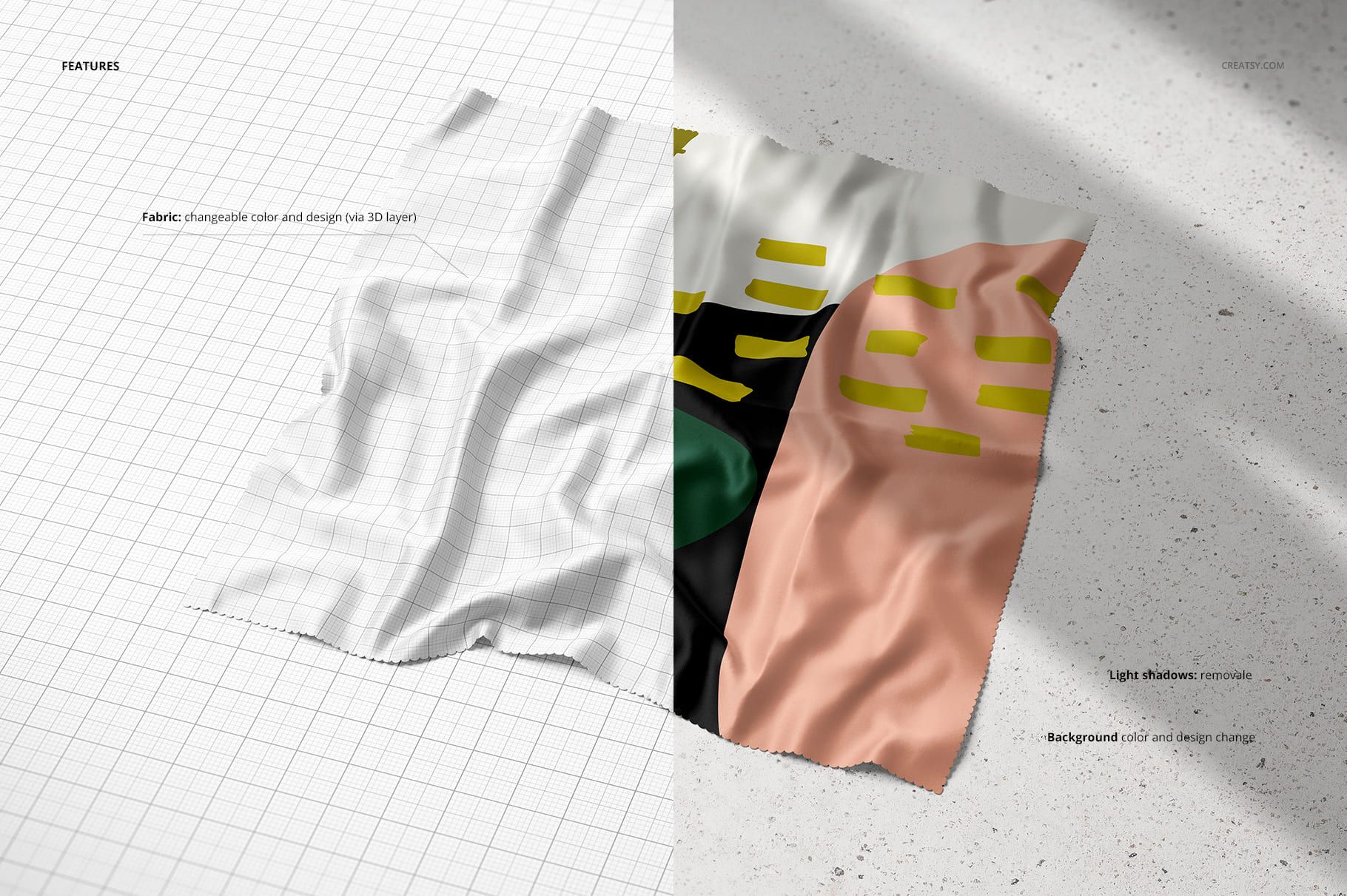 Silk fabric mockup displayed from a top angle, half in grayscale grid and half with colorful abstract design.