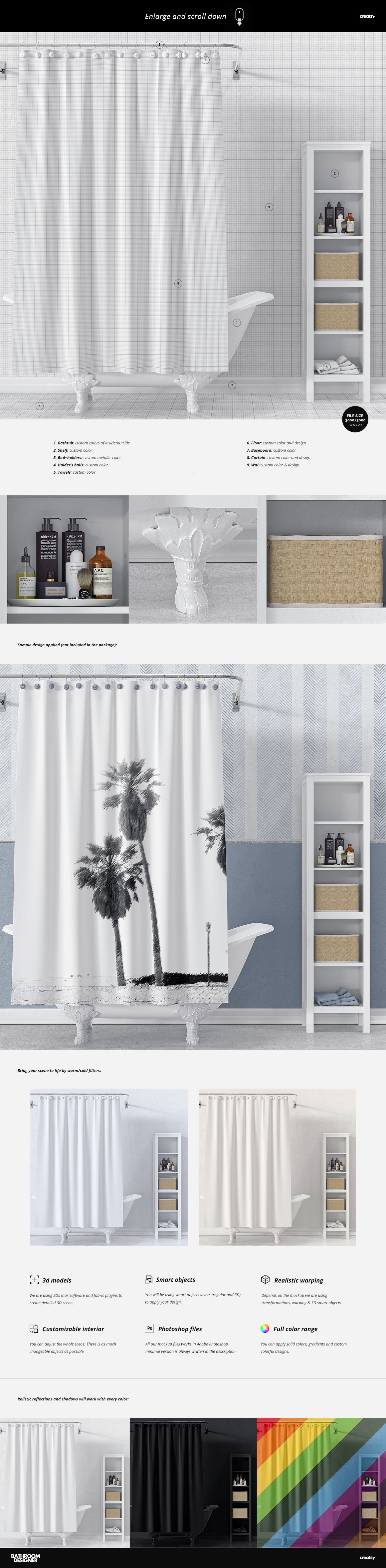 Modern bathroom mockup featuring a white shower curtain, bathtub, and tall shelf with bottles and towels, straight-on angle.