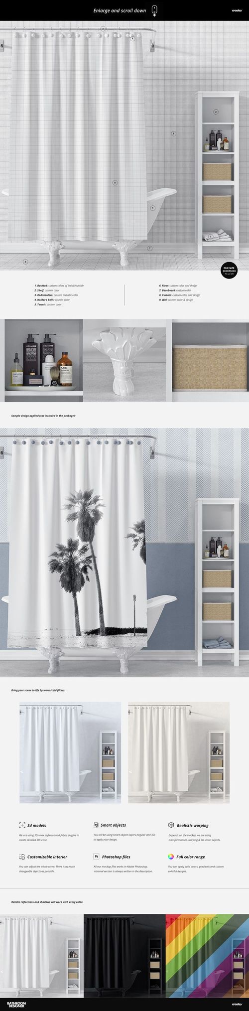 Modern bathroom mockup featuring a white shower curtain, bathtub, and tall shelf with bottles and towels, straight-on angle.