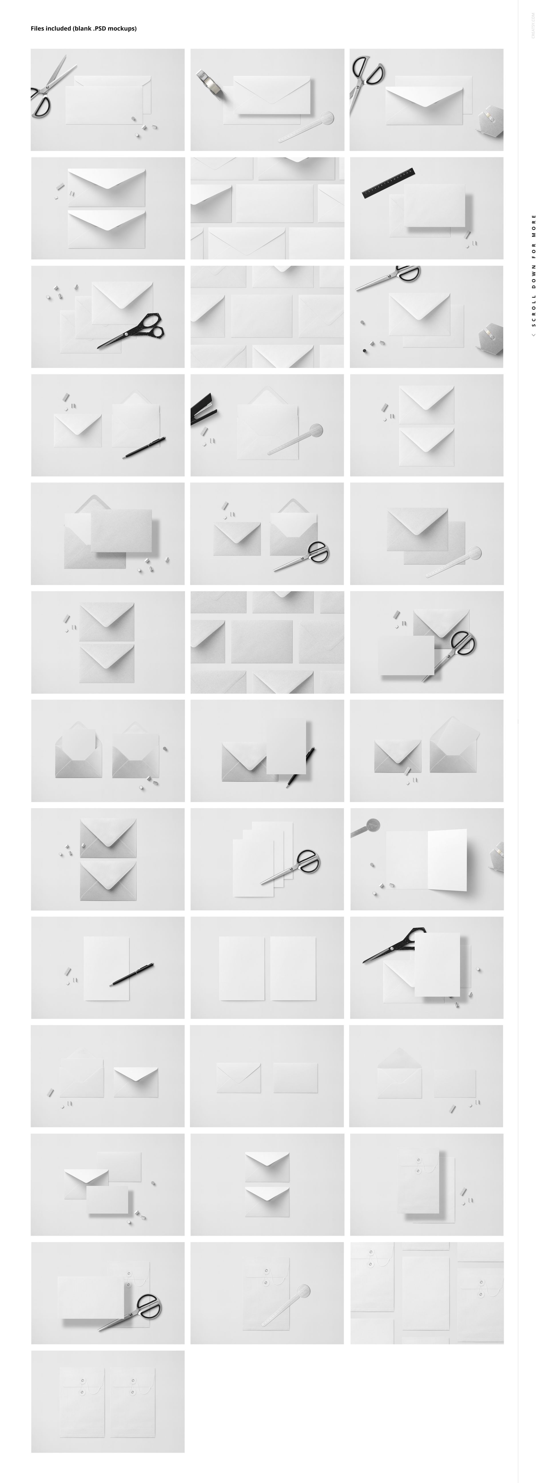 Stationery mockup bundle featuring multiple envelopes and cards in various arrangements, top view on white background.