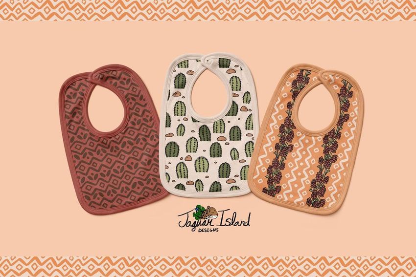 Velcro fastening bibs mockup featuring three bibs on a peach background, each with unique cactus and geometric patterns.