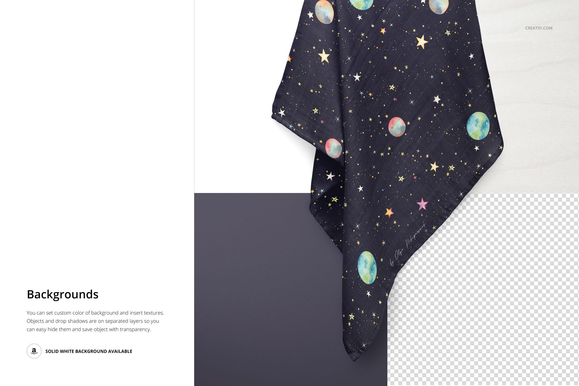 Muslin swaddle blanket mockup with a dark starry sky and planet pattern, draped on a white and gray background.