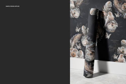 Non-woven vinyl wallpaper mockup featuring a rolled sheet with soft floral and feather motifs on a dark background.