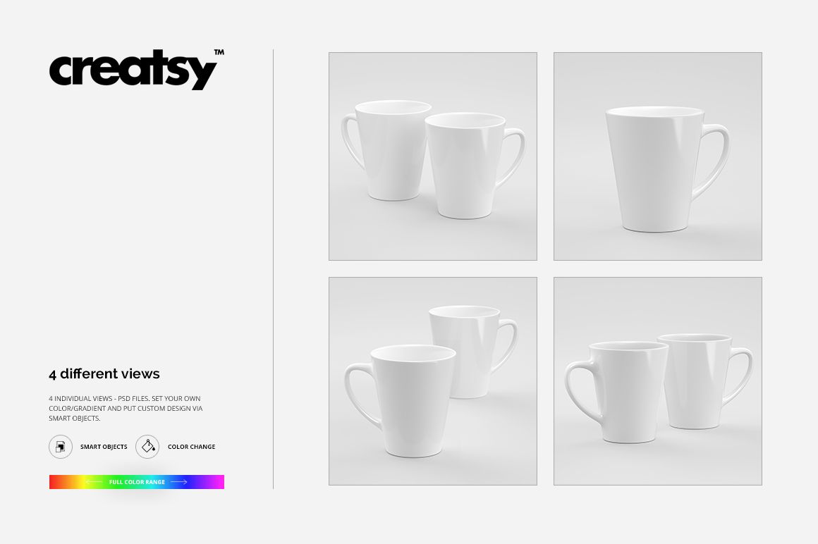 PSD mockup of cone shape mugs arranged in pairs and singles, viewed from various angles on a neutral backdrop.
