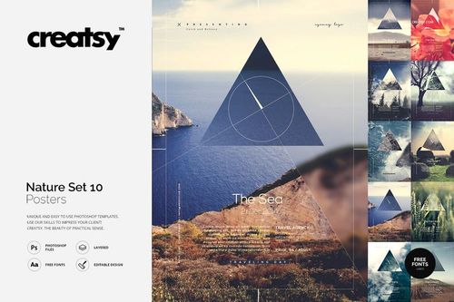 PSD mockup of ten posters with natural landscapes and geometric shapes, arranged vertically and horizontally in a collage.