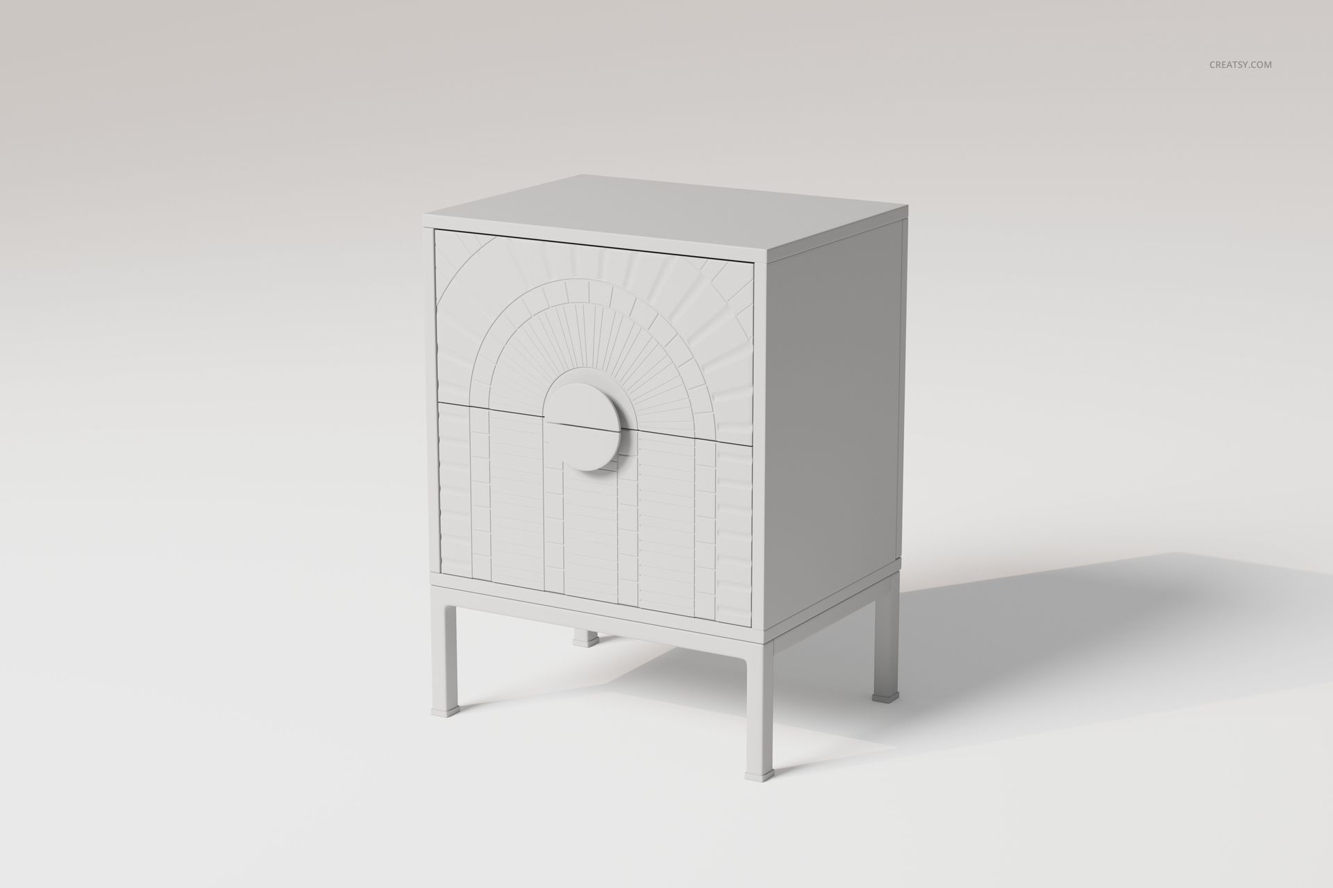Art Deco nightstand with geometric pattern on the front, shown in a light gray finish, front angle view on white background.