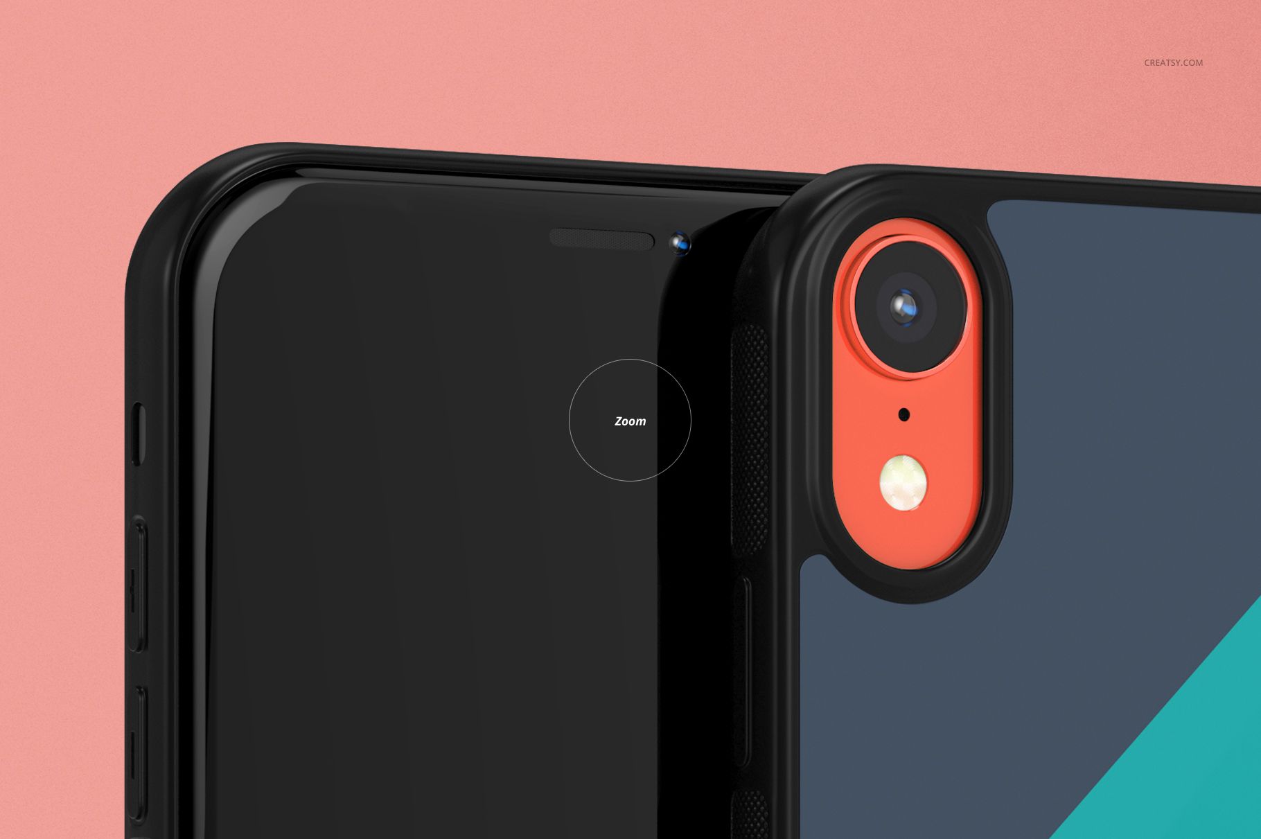 Close-up front and back view of a black iPhone XR case mockup with a coral camera accent on a pink background.