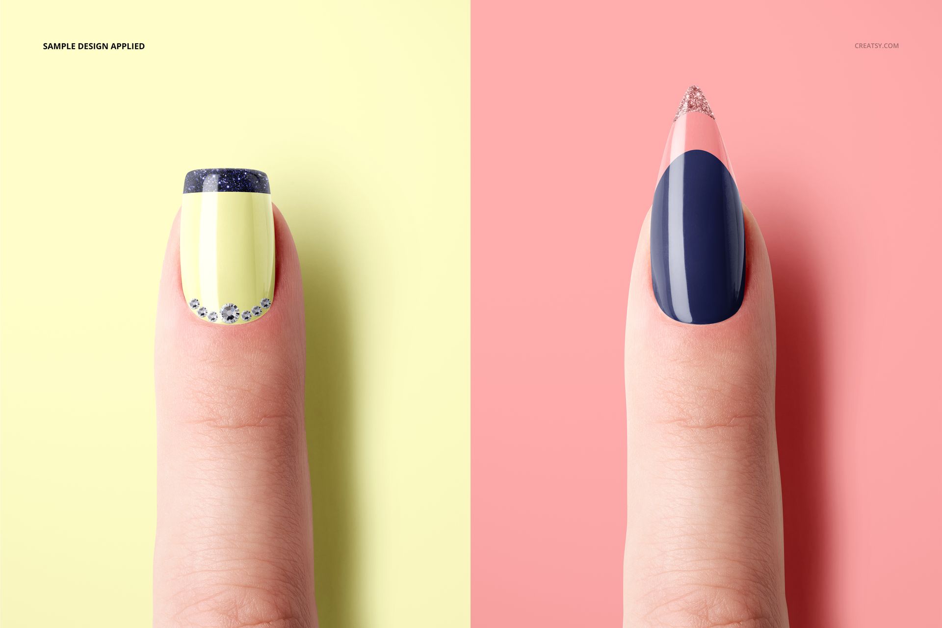 Nail mockup set displaying single nails with custom colors and embellishments, photographed against yellow and pink.