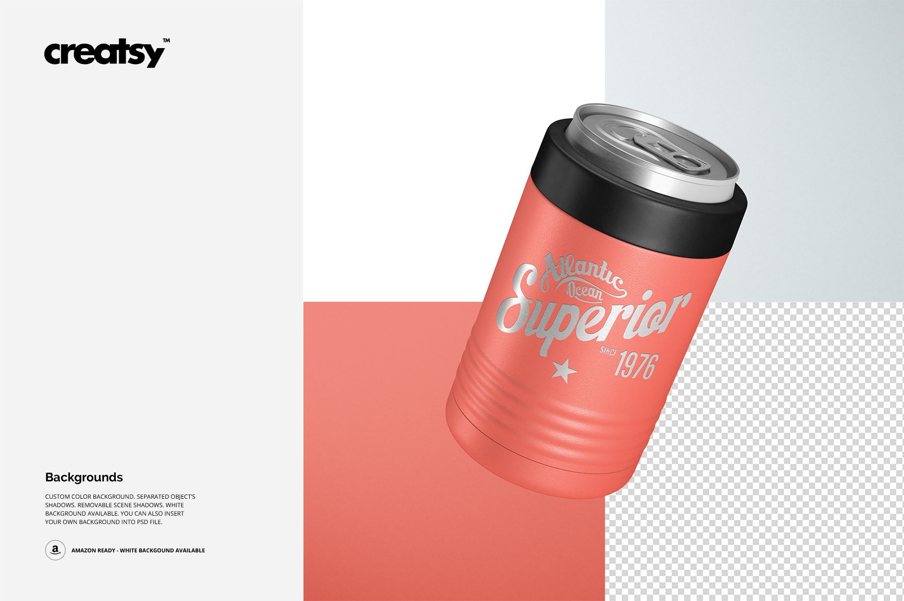 Mockup of a beverage can holder cooler featuring a metallic can inside, displayed against a split color background.