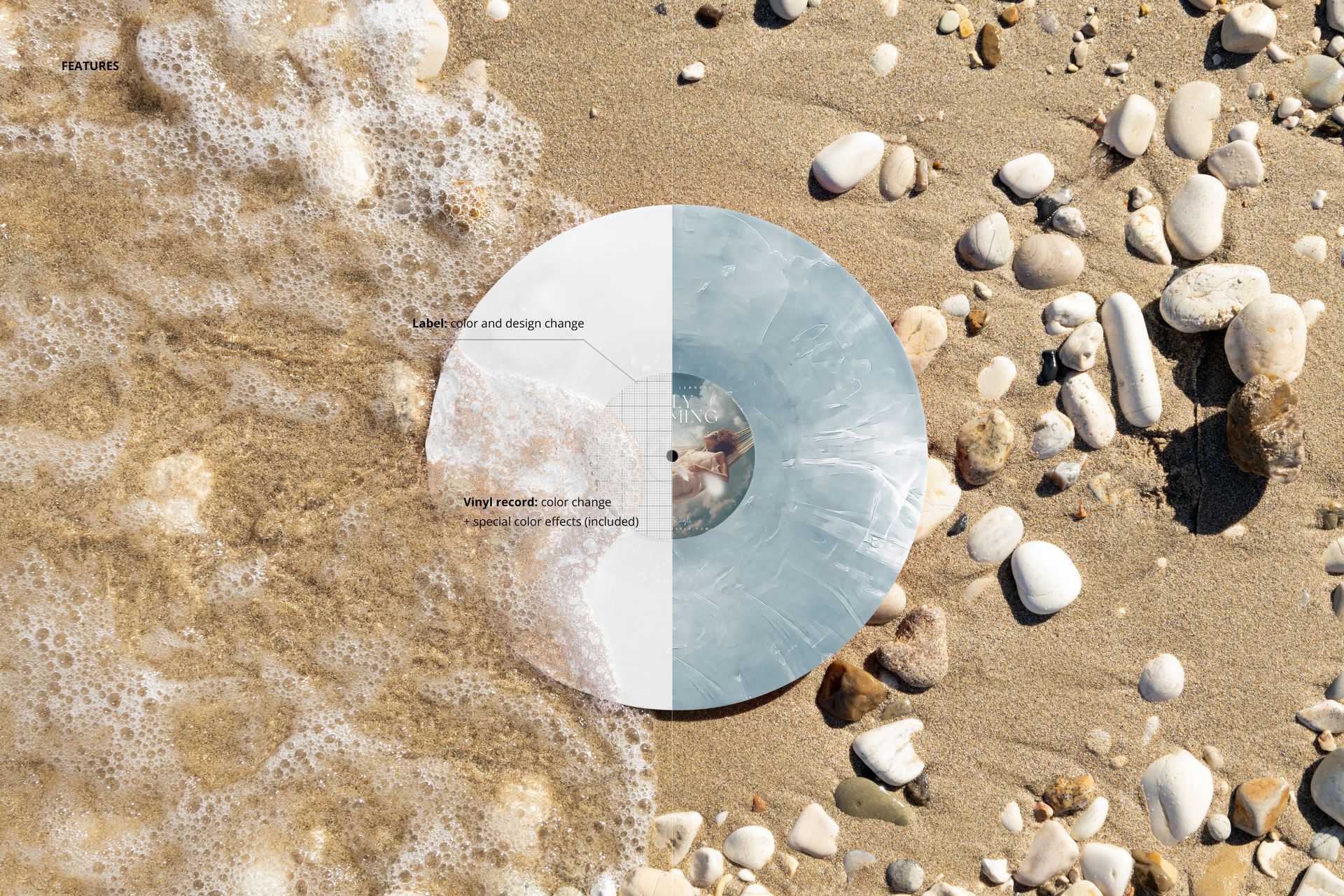 Colored vinyl record mockup lying on sandy beach, partially covered by foamy waves and surrounded by small pebbles.