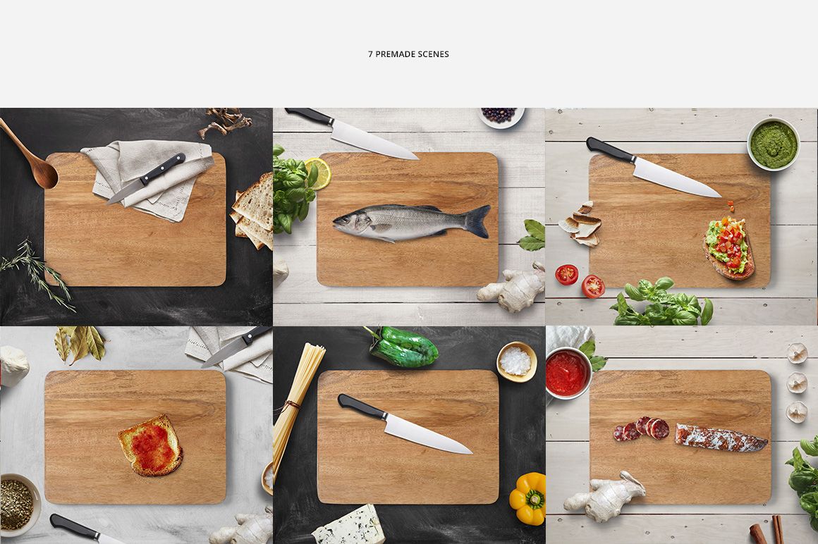 Top view of engraved wooden board mockup with various food items and kitchen props on natural backgrounds.