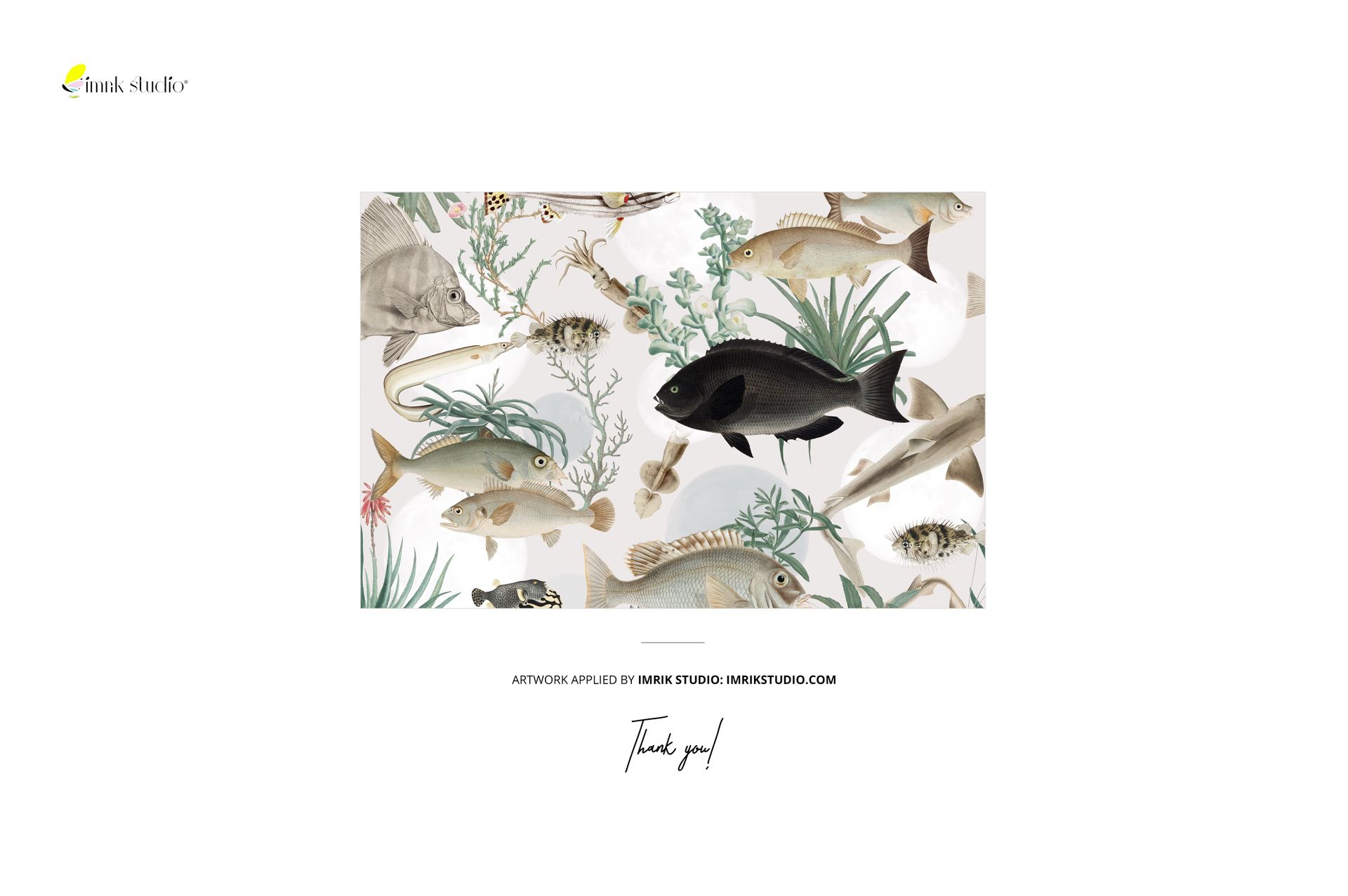 Bathroom bath curtain mockup featuring a front view of a curtain with a detailed fish and aquatic plant pattern.