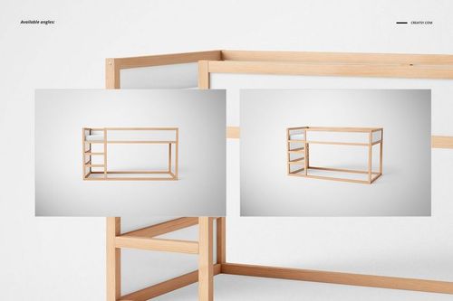 Wooden kids bed frame with minimalist design shown from two angles against a plain white background in a mockup.