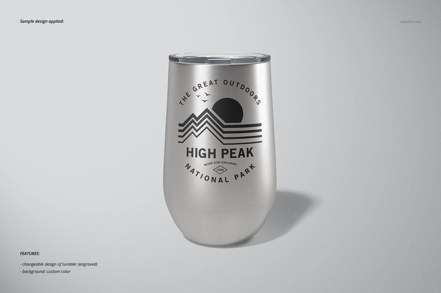 Front view of a 16 oz stemless wine cup with a silver metallic finish and black outdoor-themed graphic, shown on a light background.