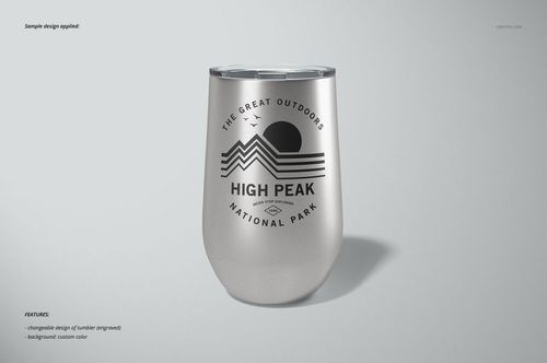 Front view of a 16 oz stemless wine cup with a silver metallic finish and black outdoor-themed graphic, shown on a light background.