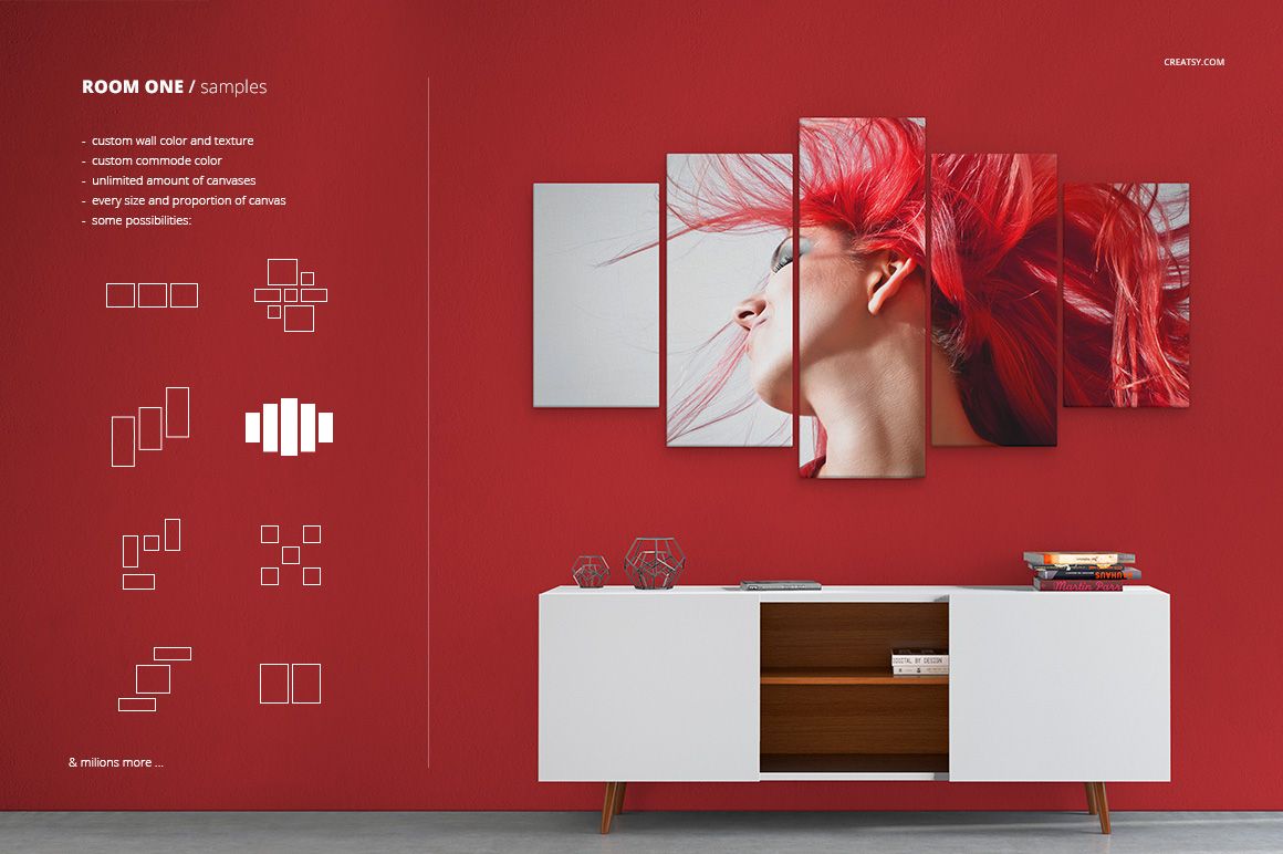 Front view of a modern room with red walls, white sideboard, and multi-panel canvas print mockup featuring abstract art.