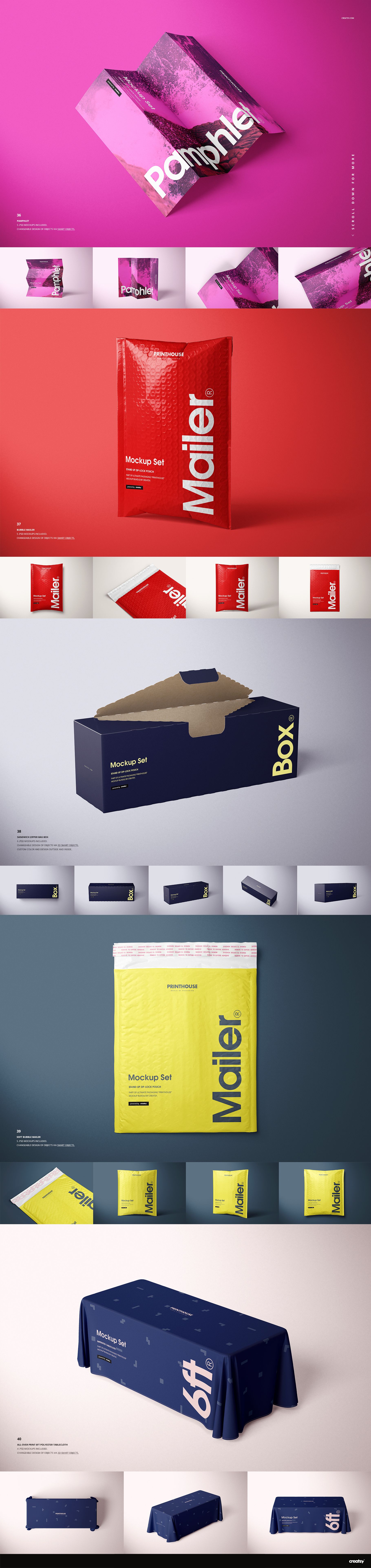 Various packaging mockups including boxes, mailers, and table covers displayed in different colors and front views.