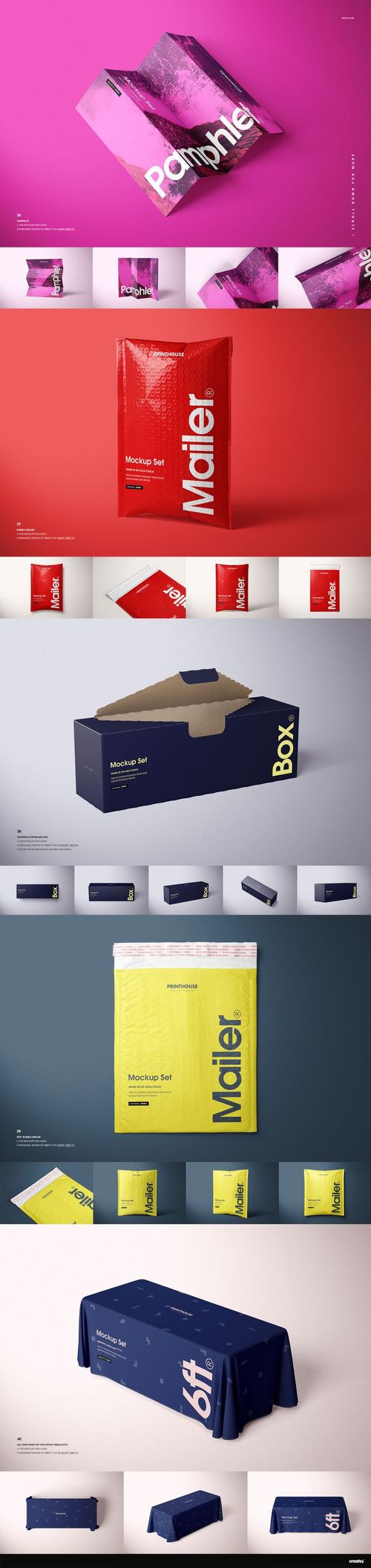 Various packaging mockups including boxes, mailers, and table covers displayed in different colors and front views.
