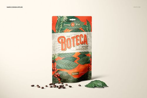 Doypack bag pouch mockup featuring vibrant leaf and coffee berry artwork, shown upright with beans in foreground.