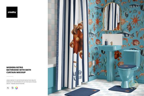 Front view of a bathroom mockup with blue sink and toilet, striped shower curtain, and marine wallpaper accents.