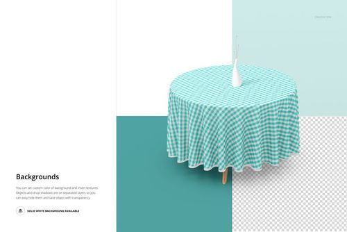Mockup of a round tablecloth featuring a turquoise and white gingham design, displayed on a wooden table with a vase.
