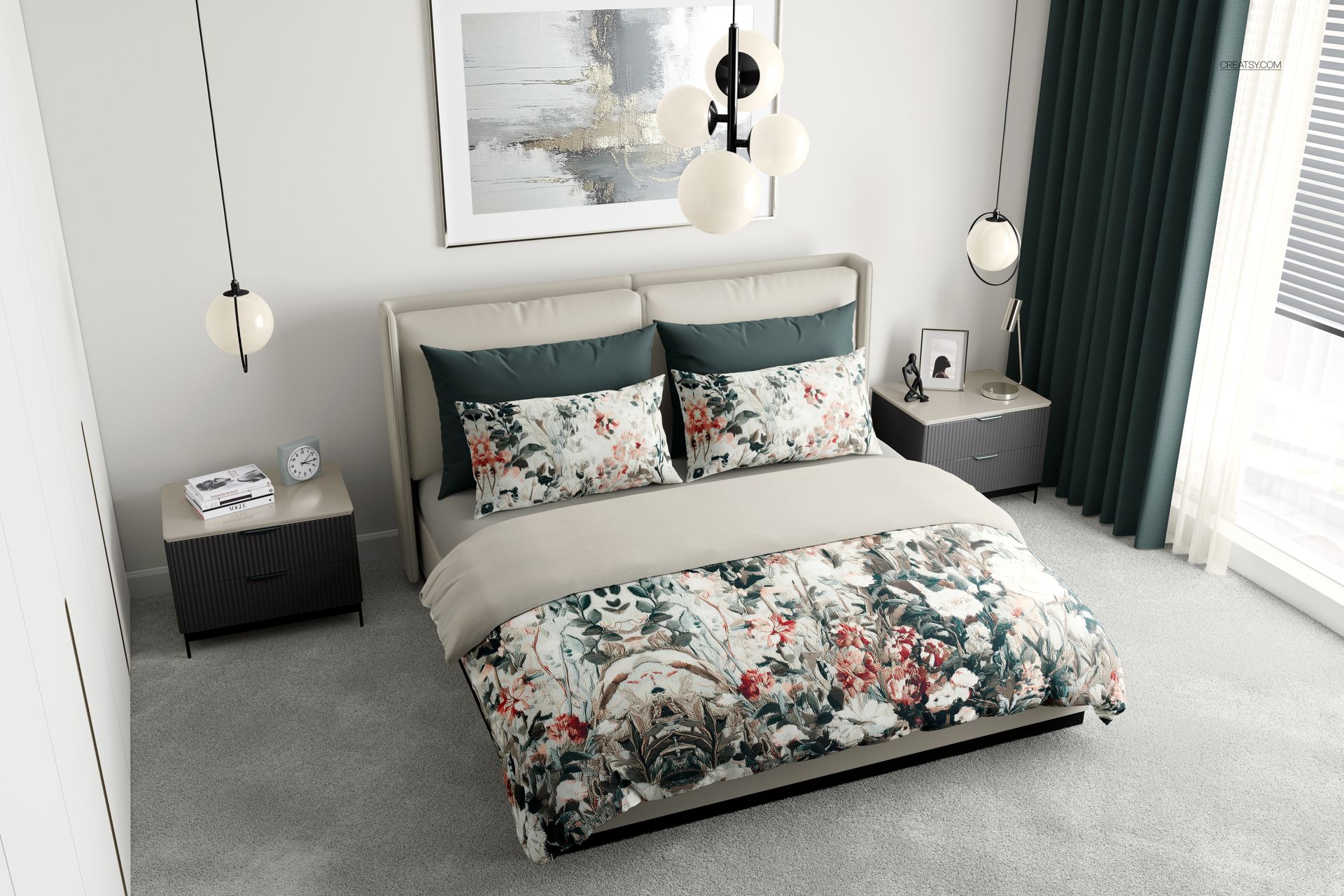 PSD mockup of king size bed linens with green and floral prints in a stylish bedroom setting, overhead view.