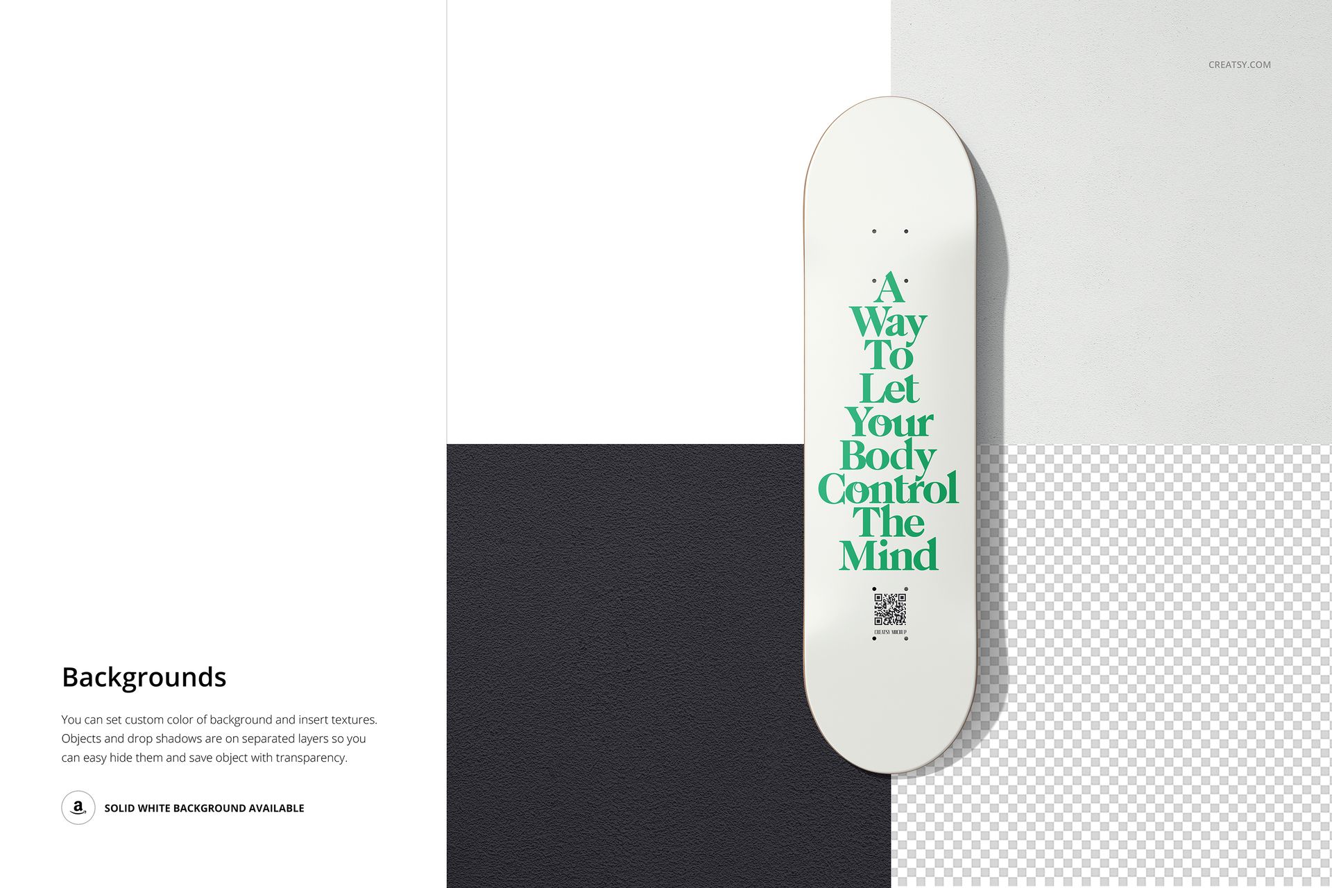 PSD mockup of a skateboard deck in top view, displaying green typography on white, set against various background textures.