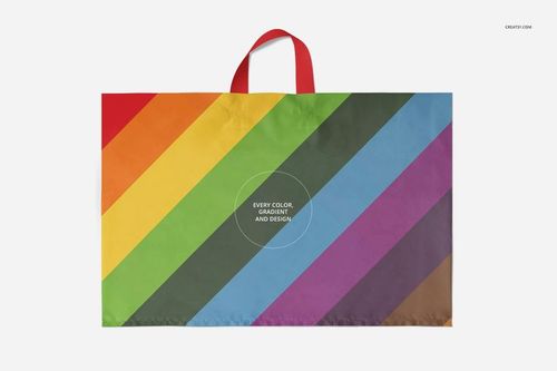 Plastic bag mockup featuring bold diagonal stripes in rainbow colors and a single red handle, shown from the front.